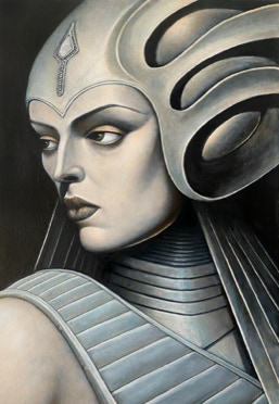 Oils • 75cm x 50cm Inspired by moods of science fiction, a striking Lady from a not so distant future, turning her head with a smouldering side-long glance.   This painting began with a Raw Umber canvas, the highlights and forms are firstly added with white oil paint. Glazes of colour mixed with Linseed Oil follow, and the tonal values are balanced gradually and allowed to dry before the next coating. The translucent applications of colour allow Lead White high tones to reflect light back at the viewer, adding a subtle luminance and reflectivity.